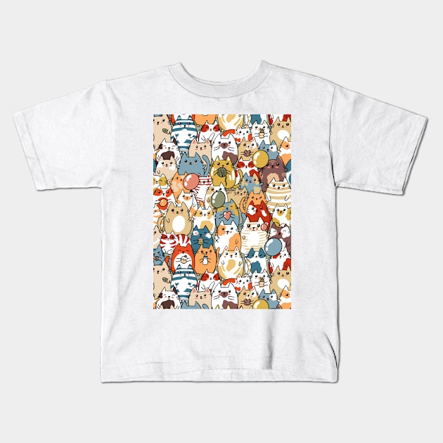 A collection of colourful cute cats repeat pattern Kids T-Shirt by NattyDesigns